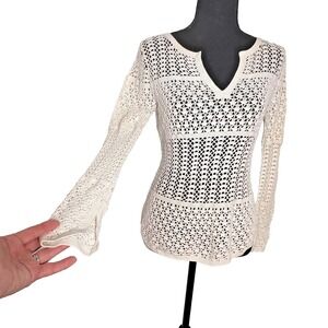 Vintage Y2K Ivory Crochet Top Small Boho Coastal Euro Lightweight Sweater Beachy